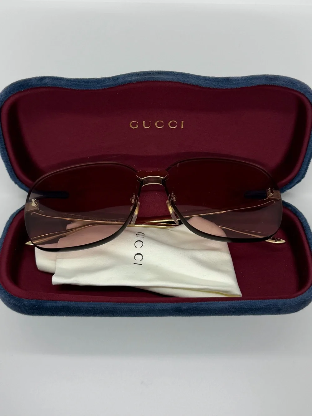 Gucci Gold-Trim Rimless Sunglasses with Rose Lenses